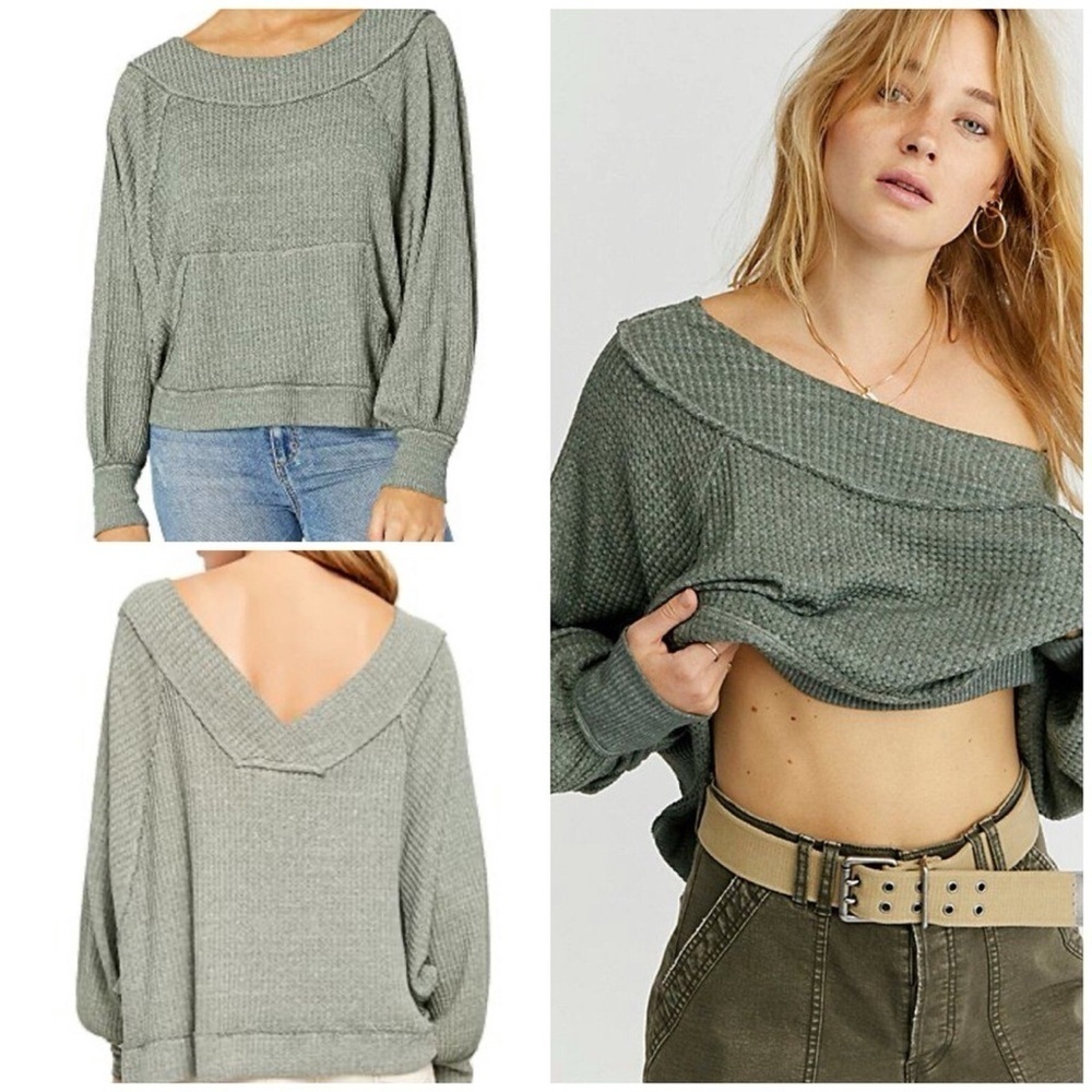 FREE PEOPLE Westend Thermal Top Shirt Size XS Oversized Army Green Casual Boho